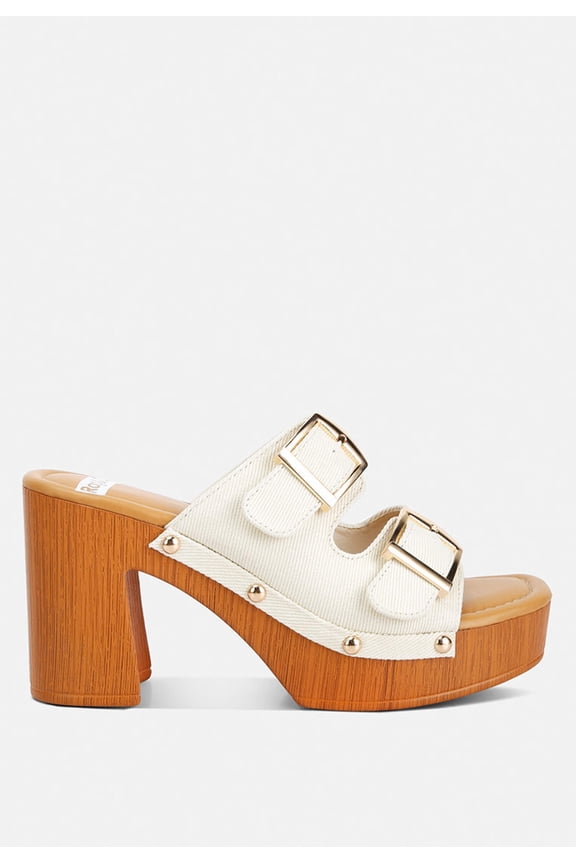 Sarai Buckle Straps High Block Heel Clogs In Beige