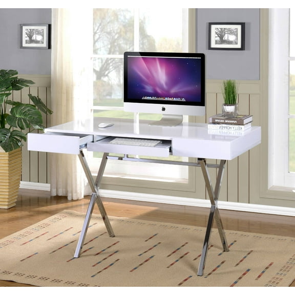 Sarai Home & Office Workstation Computer Desk, White Wood Top & Chrome Metal Base, with 2 Storage Drawers & Pull-Out Keyboard, Contemporary