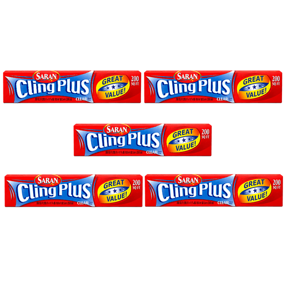 Saran Cling Plus Clear Plastic Food Wrap, 200 Sq Ft Roll 5 Pack