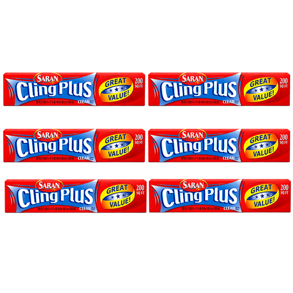 Saran Cling Plus Clear Plastic Food Wrap, 200 Sq Ft Roll 6 Pack