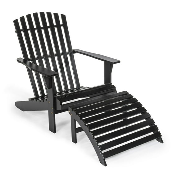Saranac 2-Piece Traditional Rustic Acacia Wood Adirondack Chair with Detachable Ottoman, Black