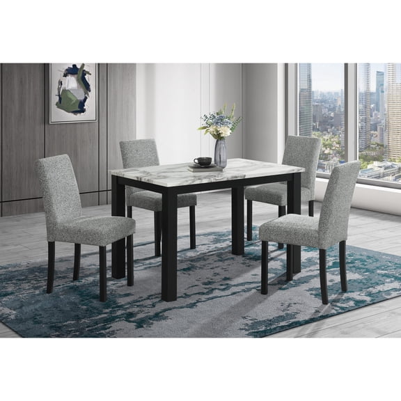 Sarang White and Black Dining Table and (4) Grey Dining Chairs