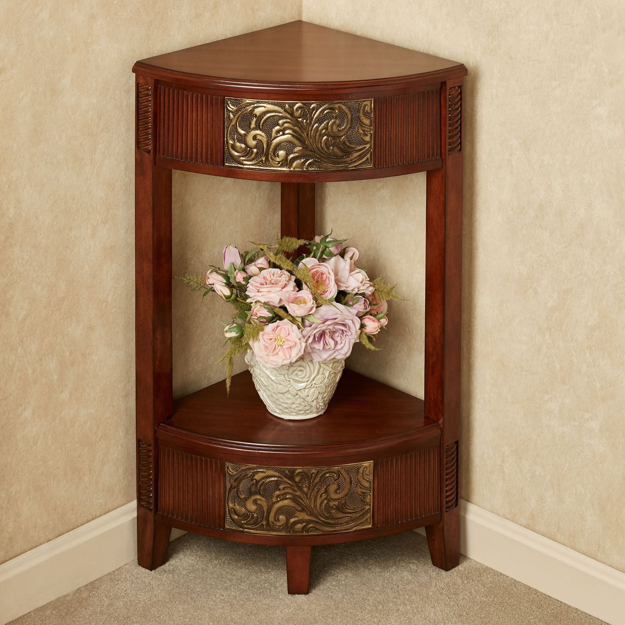 Sarantino Natural Cherry Wood Corner Table with Ornate Metal Designs