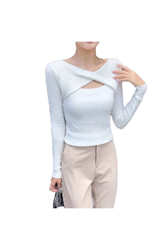 Cutout Rib Knit Top Slim Fit Long Sleeve Twist Front Cut Out Pullover Shirt Top for Women White Free Size