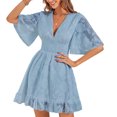 thumbnail image 1 of Sarapandan Deep V Ruffle Hem Dress Bell Sleeve High Waist Shirred Flowy A Line Elegant Half Sleeves Ruffle Dress Grayish Blue M, 1 of 6