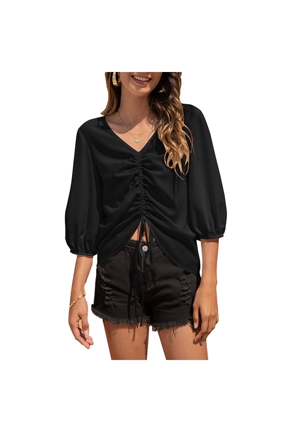 Drawstring Front Ruched Blouse Lantern 3/4 Sleeve Chiffon V Neck Shirred Drawstring Shirt Top for Women Black XL
