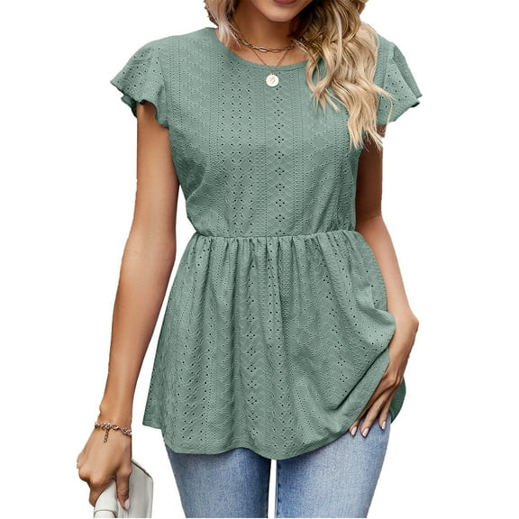 Sarapandan Flowy Ruffle-Trimmed Eyelet Top, Sleeveless Tunic with Lacing-Strip Back, Casual Loose Fit for Women Green S