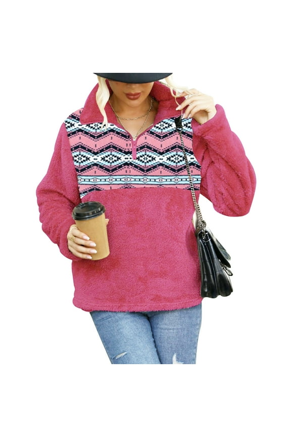 Fuzzy Coat Ethnic Print Long Sleeves with Zipper Casual Warm Winter Pullover Fuzzy Coat for Women Fuchsia S