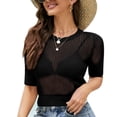 thumbnail image 1 of Sarapandan Hollow Out T Shirt Plain Round Neck Short Knit Stylish Comfortable Top for Party Shopping Black S, 1 of 6