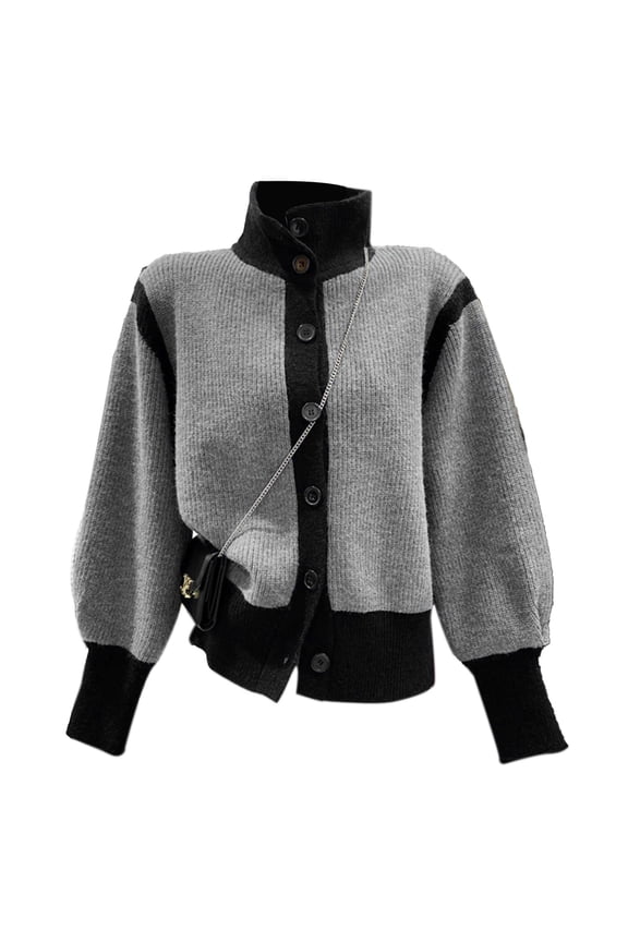 Knit Sweater Coat Button Up Long Sleeved Turtleneck Open Front Color Block Sweater Outwear Grey Free Size Sarapandan
