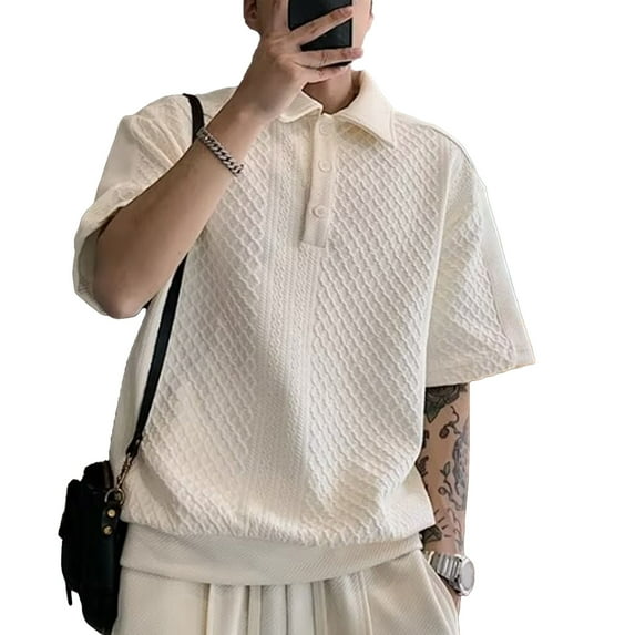 Sarapandan Loose Fit, Solid Color, Turn-Down Collar Gentleman's Style Apricot 2XL Men's Short Sleeve Shirt Sarapandan