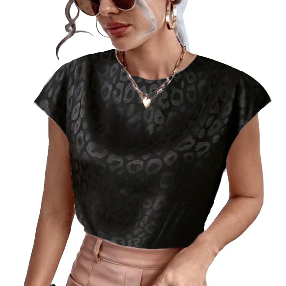 Sarapandan Round Neck Flowy Summer Tee with Short Sleeves, Black, Size S Leopard Print Chic Sarapandan
