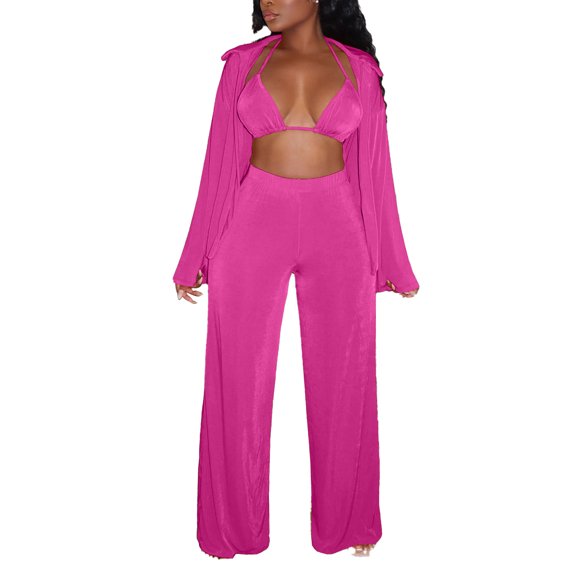 Sarapandan Sarapandan Women Long Warm Suit Lapel Top Straight High Waist Pants with Bra Thermal Underwear Set Rose Red S
