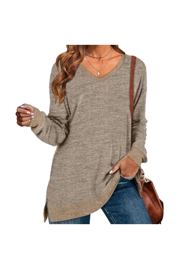 Split Color Block Shirt V Neck Long Sleeve Casual Loose Soft Side Split Pullover Shirt for Women Khaki L