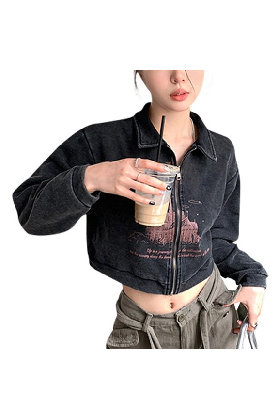 Sweet Cool Hot Girl Coat with Turn Down Collar Zipper Women's Autumn Vintage Print Distressed Short Top Tie Dye Grey 2071 XL
