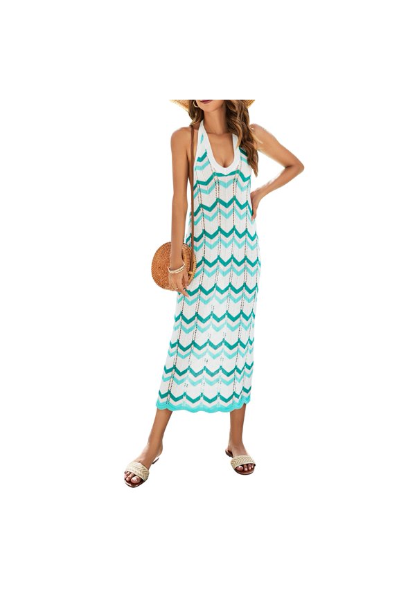 V Neck Maxi Dress Halter Neck Backless Sleeveless Wave Pattern Color Block Women Knitted Maxi Dress Green M