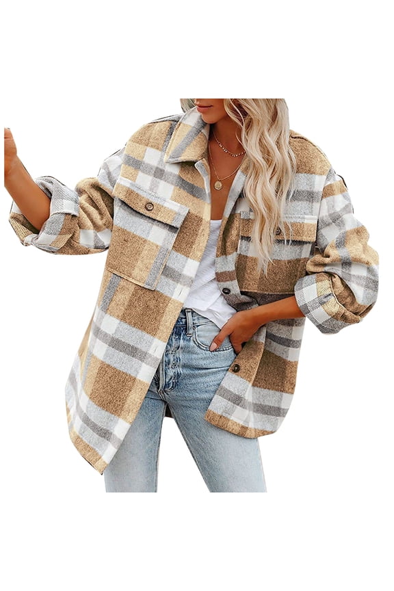 Woman Plaid Jacket Fashionable Loose Comfortable Soft Female Grid Pattern Button Jacket for Work Travelling Khaki S