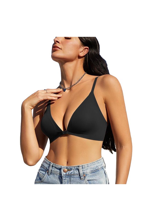 Women Bra Deep V Neck Wireless Seamless 3/4 Cup Push Up Breathable Front Close T Shirt Bra Black L