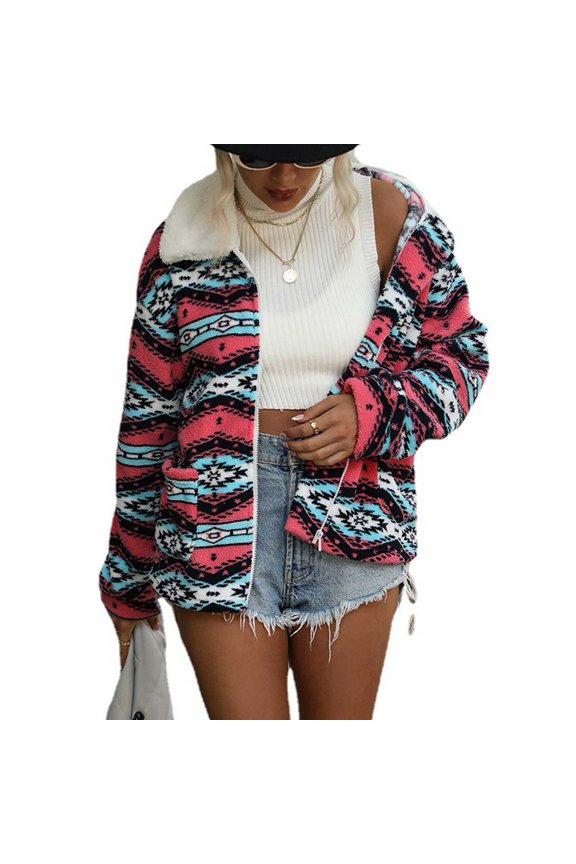 Women Fleece Jacket Plush Printed Zipper Front Turn Down Collar Thickened Windproof with Pockets for Winter Red XL