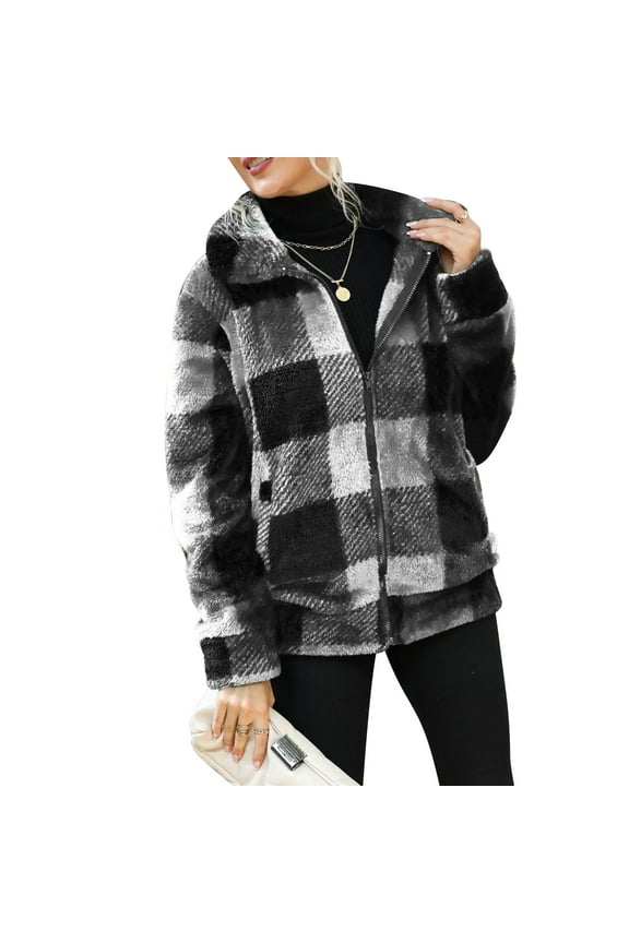 Women Fleece Jacket Zipper Closure Stand Collar Classic Trendy Plaid Pattern Mid Length Double Sided Fleece Coat White and Black L