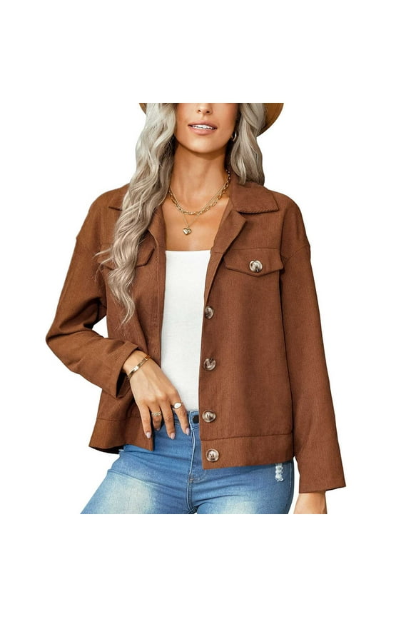 Women Jacket Long Sleeve Button Down Splicing Hem Slim Fit Corduroy Coat with False Pockets for Daily Work Dating Caramel Colour S