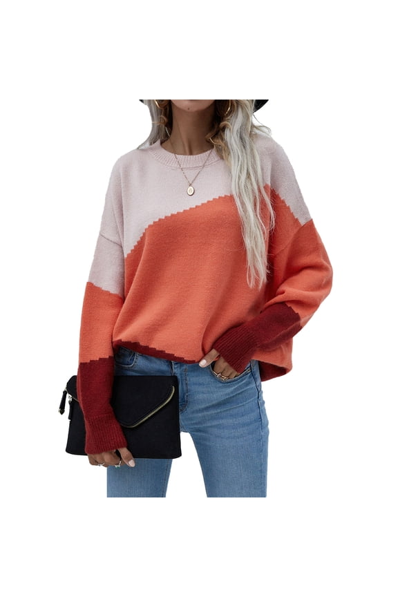 Women's Elastic Knit Pullover for Autumn Winter, Pink, Size M Color Block Drop Shoulder Sweater