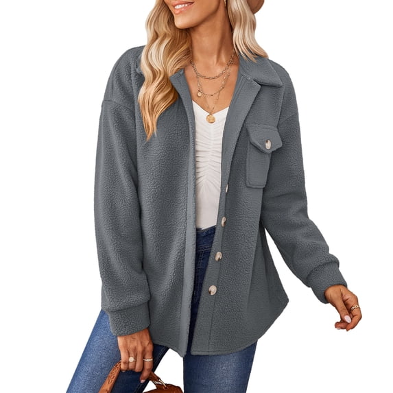 Sarapandan Women Lapel Jacket Pure Color Chest Pocket Button Closure Long Sleeves Machine Washable Casual Coat for Winter Autumn Dark Gray M