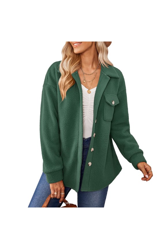 Women Lapel Jacket Pure Color Chest Pocket Button Closure Long Sleeves Machine Washable Casual Coat for Winter Autumn Dark Green M