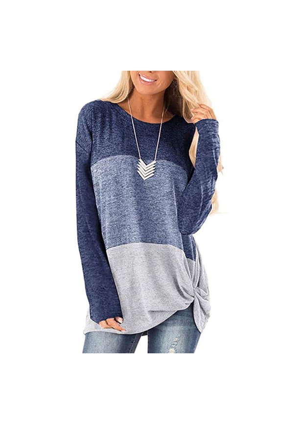 Women Long Sleeve Top Casual Roundneck Color Matching Kink Breathable Polyester Machine Washable Clothing Blue Blue Gray S