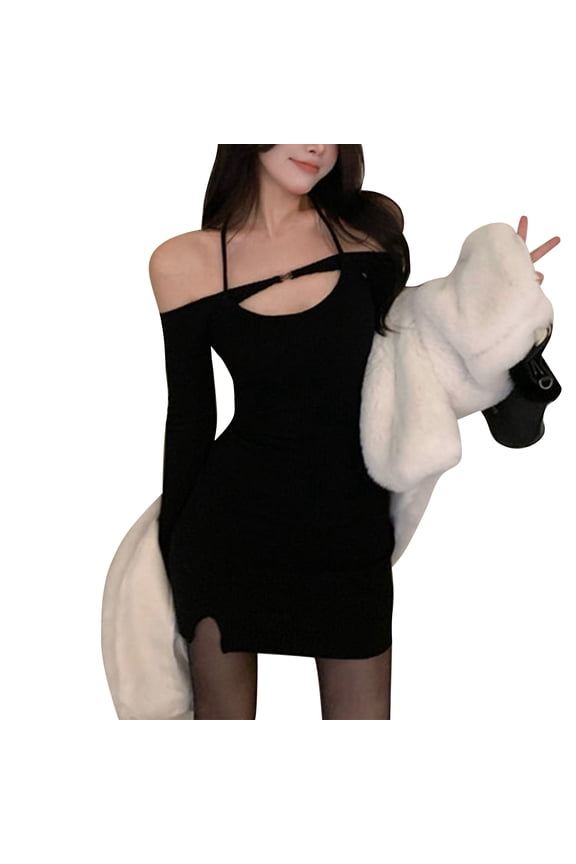 Women Off Shoulder Short Dress Hollow Out Neckline Long Sleeves Halter Neck Hip Wrap Dress Black M