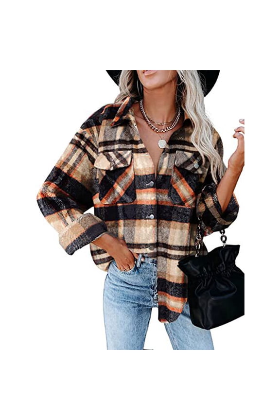 Women Plaid Shirt Button Down 2 Pockets Design Soft Breathable Women Long Sleeve Shirt Jacket for Autumn Winter Orange Blue M