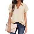 thumbnail image 1 of Sarapandan Women Shirt V Neck Lapel Short Sleeve Pure Colour Casual Summer Blouse for Home Office Khaki M, 1 of 6