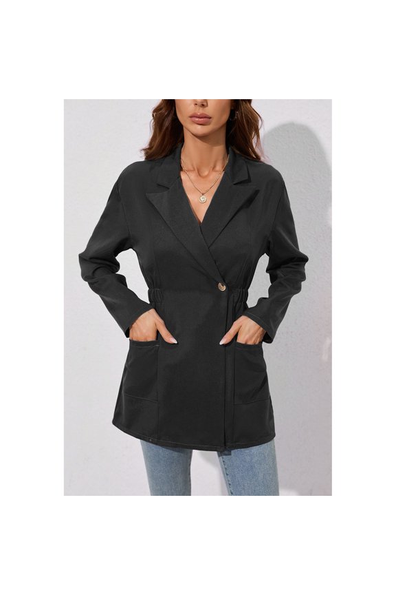 Women Suit Jacket Elastic Waist Slim Fit Lapel Long Sleeve Single Button Women Work Office Jacket for Autumn Winter Black M