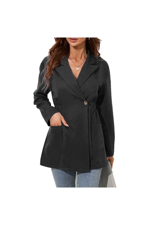 Women Suit Jacket Elastic Waist Slim Fit Lapel Long Sleeve Single Button Women Work Office Jacket for Autumn Winter Black XL