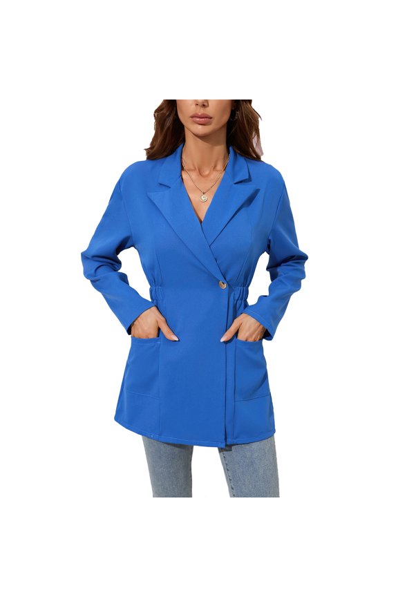 Women Suit Jacket Elastic Waist Slim Fit Lapel Long Sleeve Single Button Women Work Office Jacket for Autumn Winter Blue L