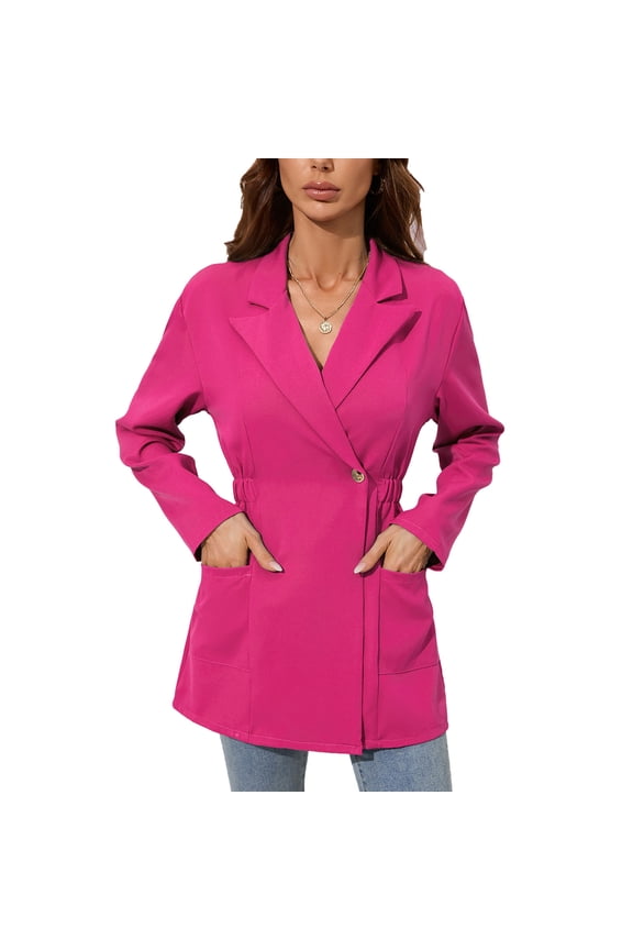 Women Suit Jacket Elastic Waist Slim Fit Lapel Long Sleeve Single Button Women Work Office Jacket for Autumn Winter Rose Red XL