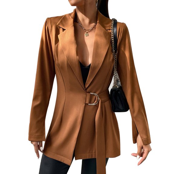 Sarapandan Women Suit Jacket Lapel Collar Tie Waist Hip Length Slim Fit Pure Color Lady Suit Outwear for Work Business Travel Brown S