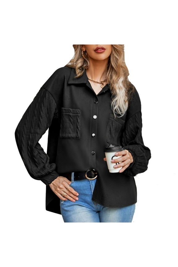 Women Turn Down Collar Button Up Fleece Jacket Cable Knit Long Puff Sleeve Chest Pocket Outwear Coat Black M