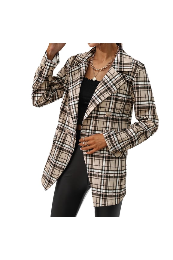 Women Turn Down Collar Long Sleeve Suit Jacket Office Work Double Breasted Suit Jacket with Patch Pockets Apricot S