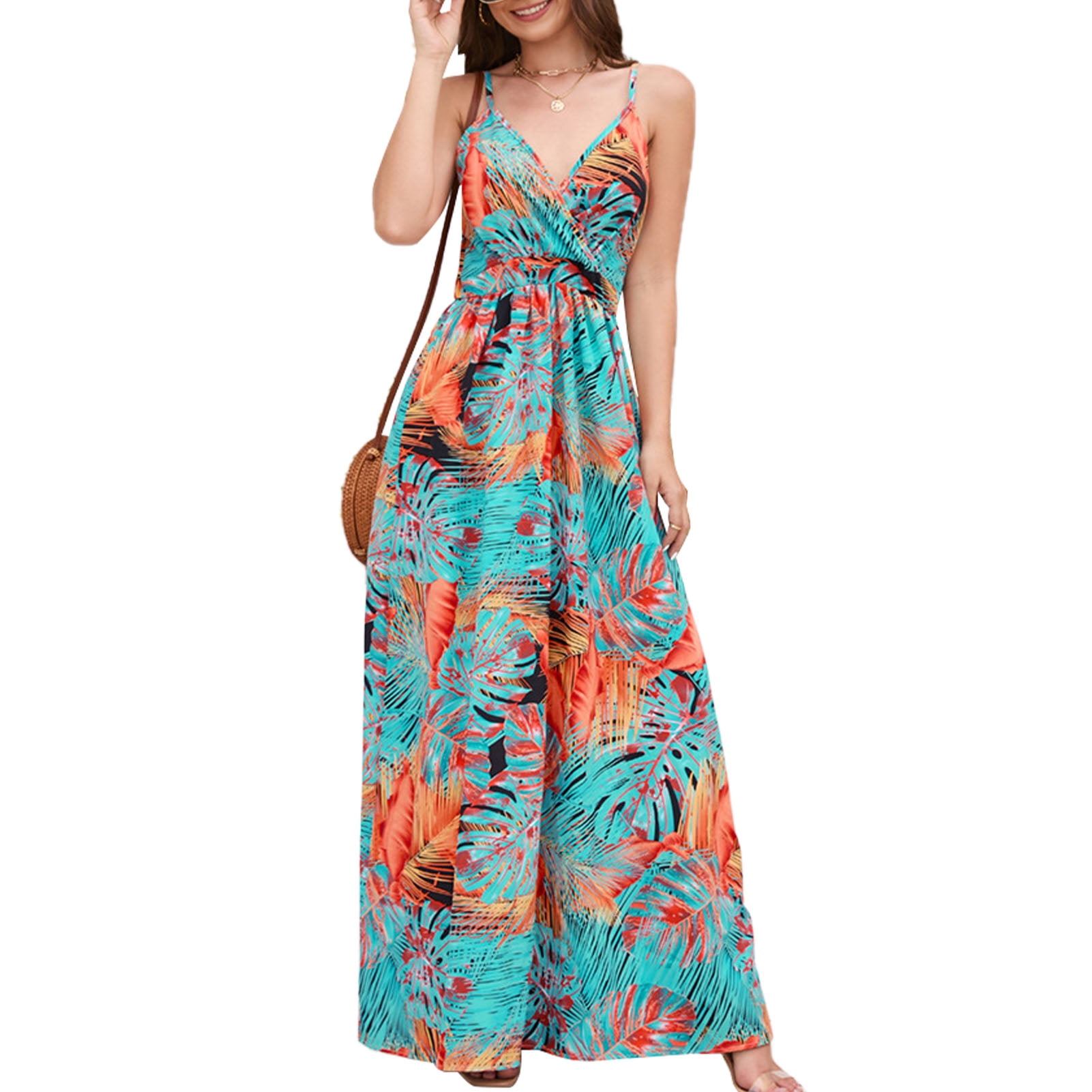 Mai Poetry Women's Long Pants Jumpsuit - V Neck, Spaghetti Strap, Floral Print, Drawstring Waist (Black Floral)