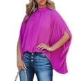 thumbnail image 1 of Sarapandan Women's Stand Collar Half Sleeve Loose Fit Pure Color T-Shirt - Rose Red, Size M Summer Chic, 1 of 6