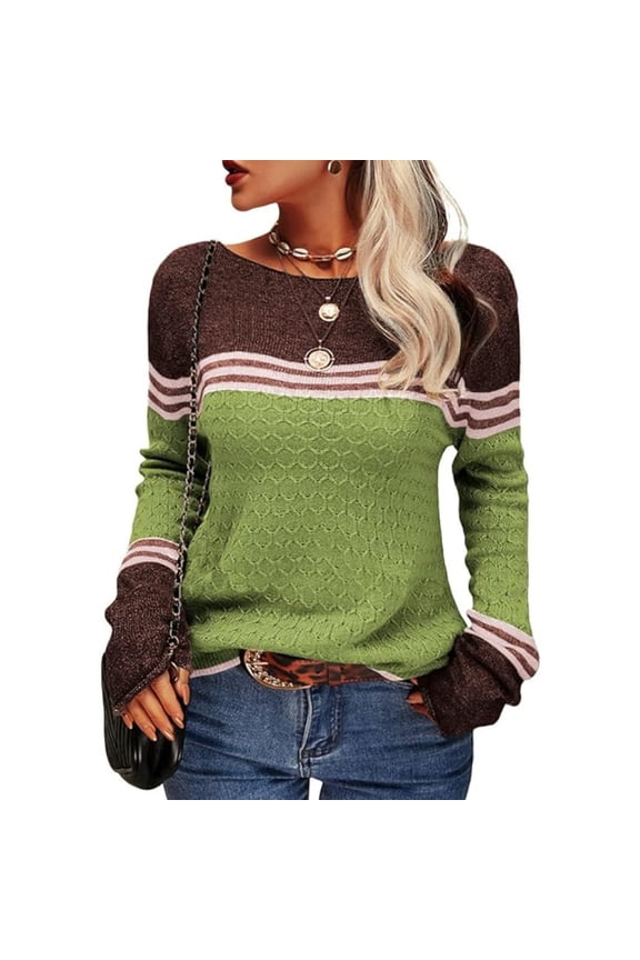 Women's color block long sleeve crew neck knitted sweater striped