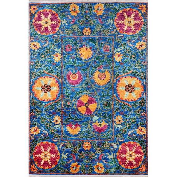 Sarapul Blue Floral Polyester Area Rugs for Living Room Washable Rugs Boho Moroccan Area Rug Soft Geometric Bohemian Distressed Indoor Rug for Bedroom Dining Room Office Foldable Nonslip Rug