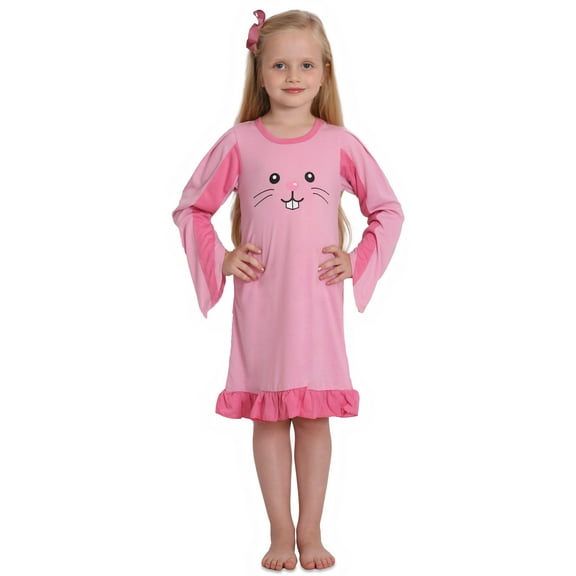 Saras Prints Girls Long Sleeve Bunny Nightgown with Tail, Pink Bunny, Size: 4