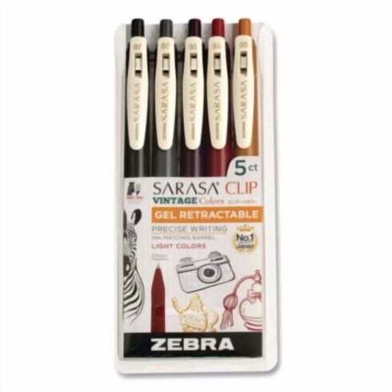 Zebra Pen 47445 Sarasa Clip Gel Pen, Retractable, Fine 0.5 Mm, Assorted Vintage Light Ink And Barrel Colors, 5/pack