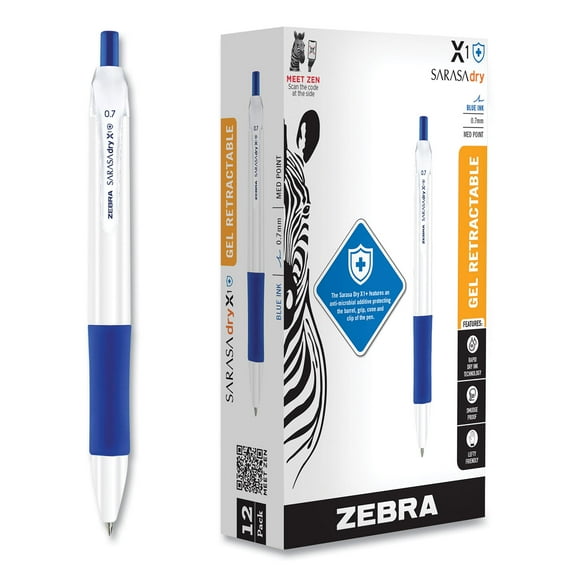 Sarasa Dry X1+ Retractable Gel Pen, Medium 0.7 mm, Blue Ink, White/Blue Barrel, 12/Pack