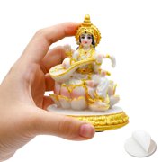 Saraswati Statue for Car Dashboard - Hand-Painted 3.9 H Polystone Marble Color Hindu Goddess Lord Saraswati Idol for Car Decor Ideal Birthday Diwali Wedding Gift for Indian Friend