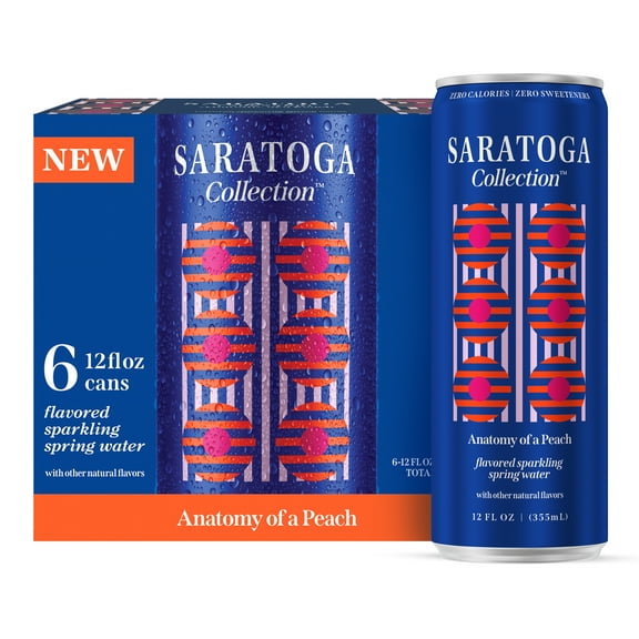 Saratoga Collection, Peach Flavored Sparkling Water, Anatomy of a Peach, 12 fl oz, 6 Pack Cans