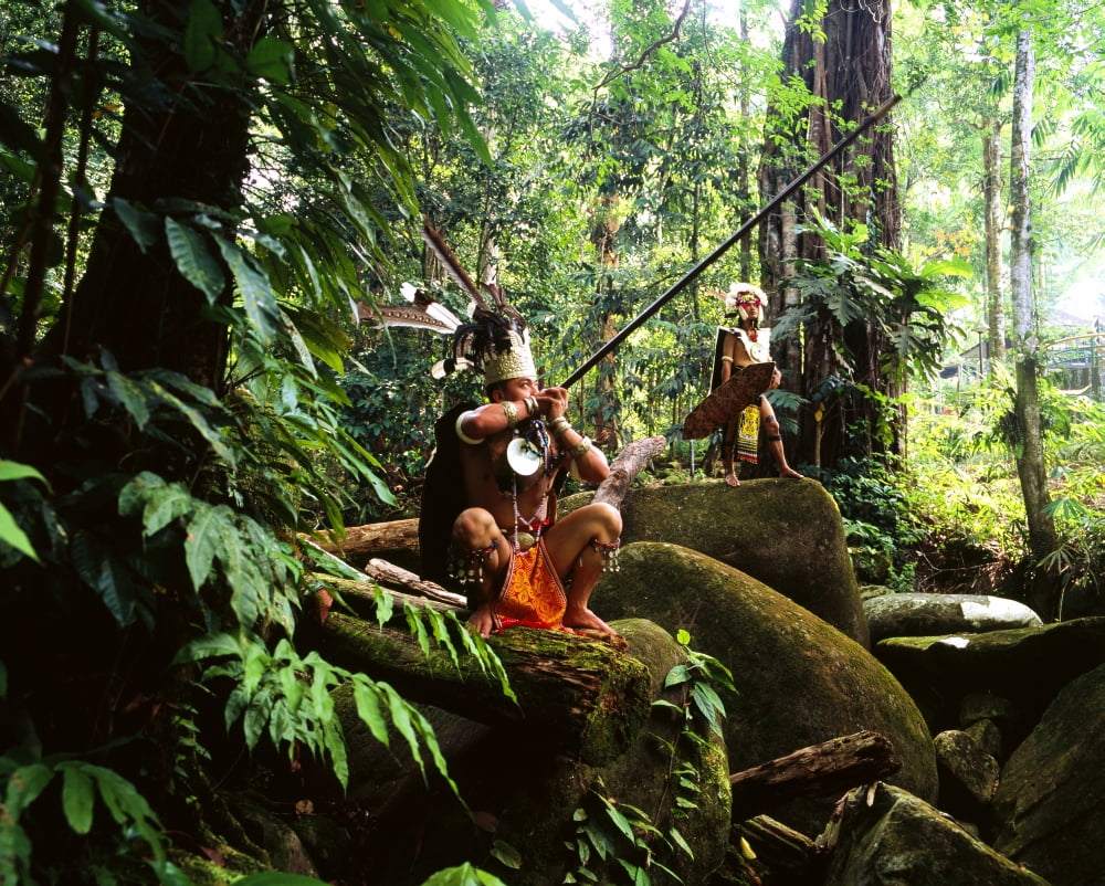 Sarawak men dressed in traditional attire with blowpipes Sarawak Canvas Art - David Kirkland Design Pics (34 x 26)