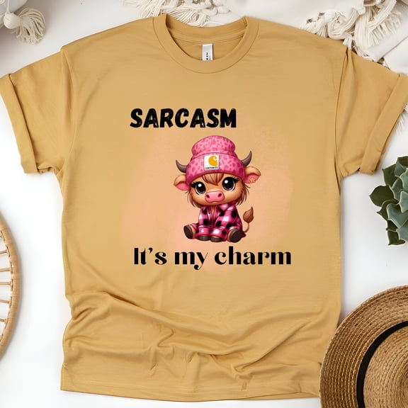 Sarcasm It’s My Charm Funny Cow Graphic T-Shirt for Adults, Gold, Size 2XL
